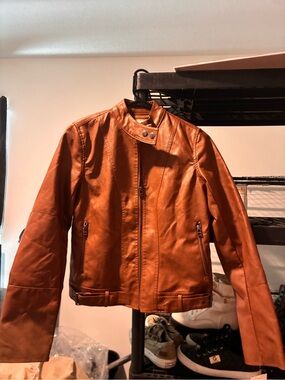 Women’s Tan Leather-Style Moto Jacket